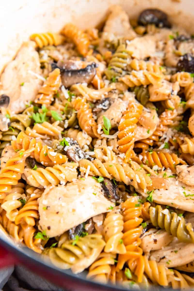 close up of chicken mushroom pasta in a red dutch oven.
