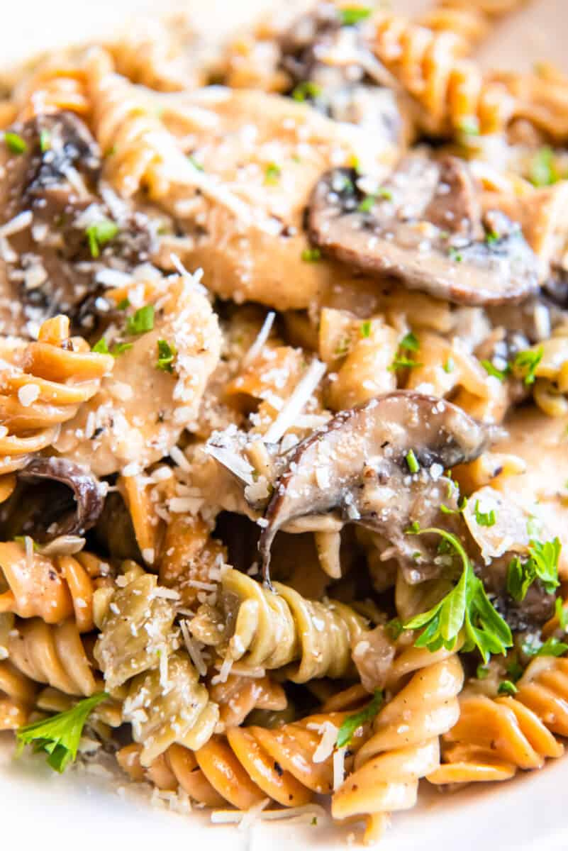 close up of chicken mushroom pasta on a white plate.