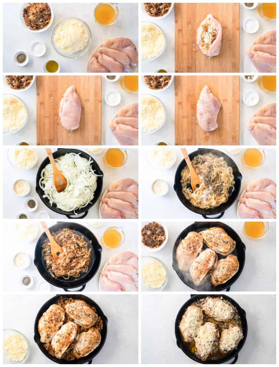 step by step photos for how to make french onion stuffed chicken.