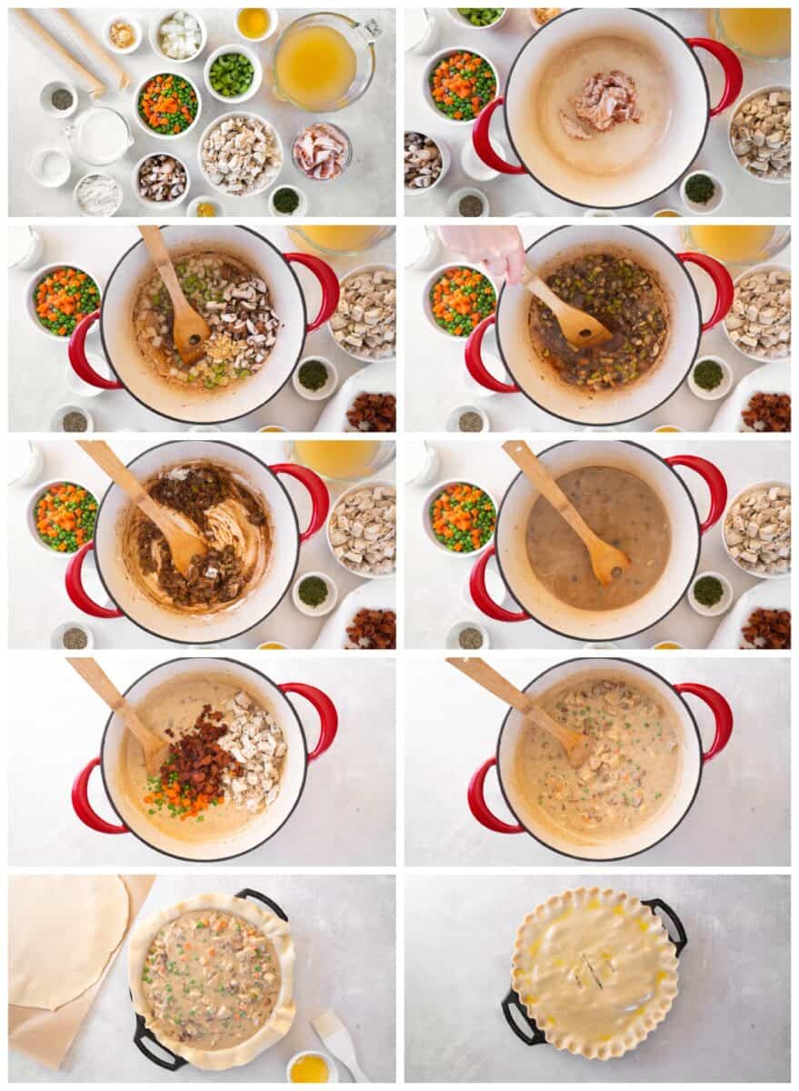 step by step photos for how to make chicken bacon pot pie.