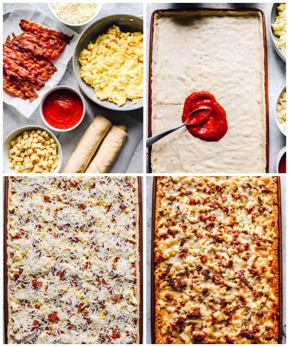 step by step photos for how to make crescent roll breakfast pizza.