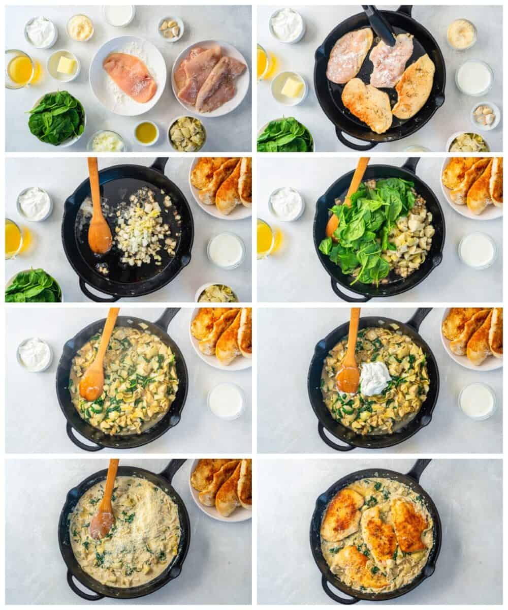 step by step photos for how to make spinach artichoke chicken.