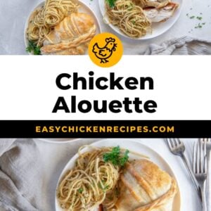 Chicken alouette on a plate with pasta.