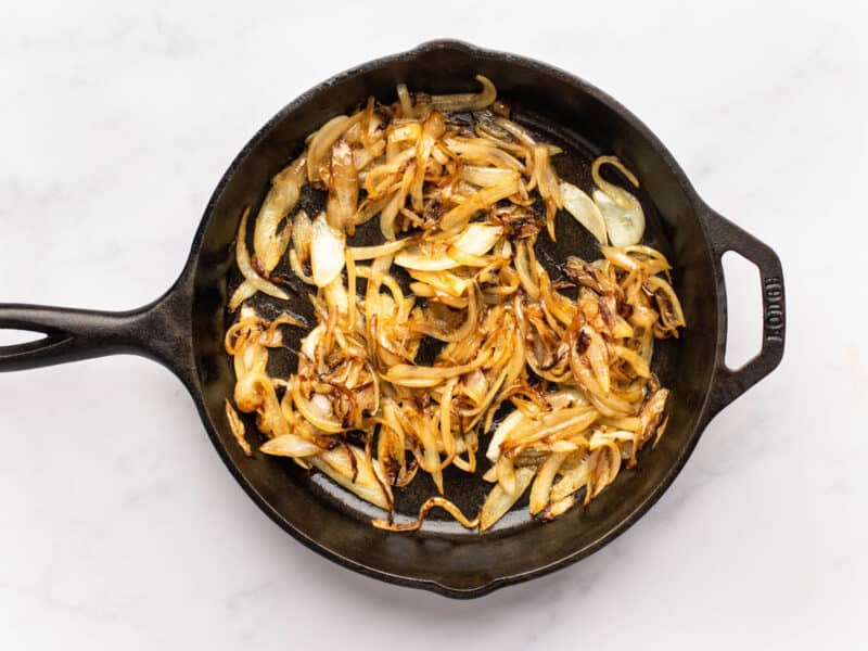 caramelized onions in a cast iron skillet.