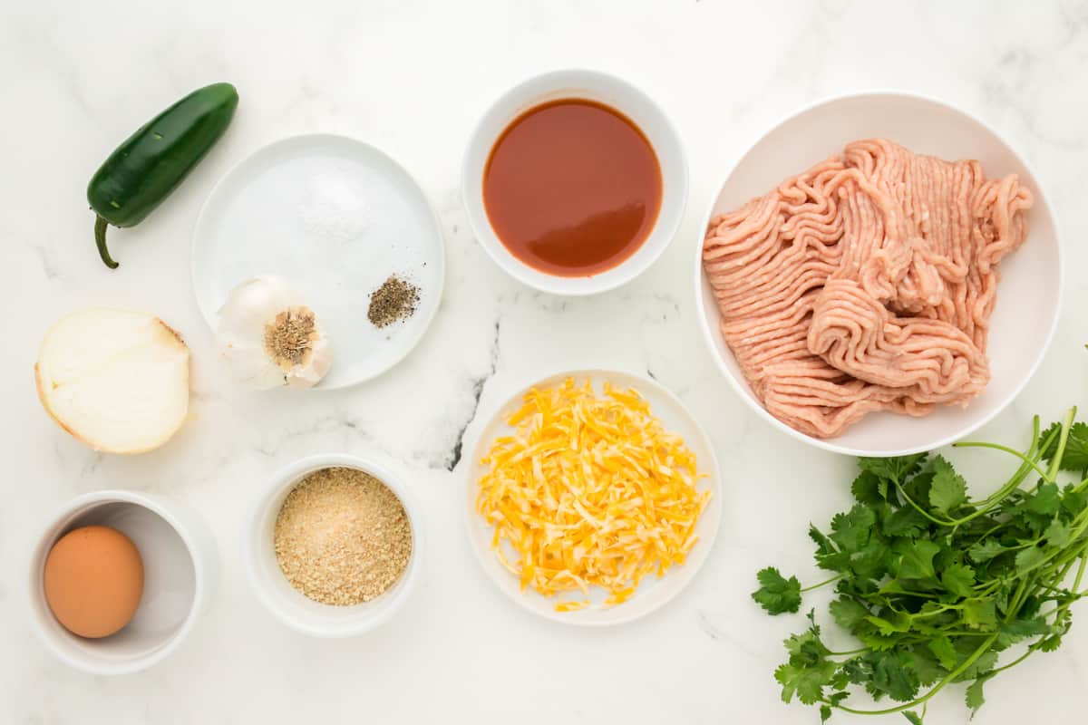 Ingredients for chicken enchilada meatballs arranged in dishes: ground chicken, shredded cheese, breadcrumbs, egg, enchilada sauce.