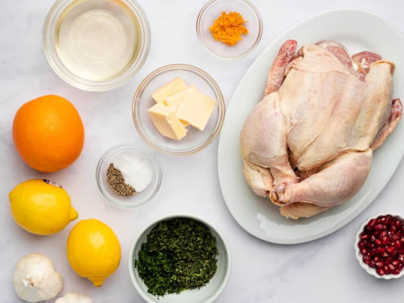 overhead view of ingredients for christmas chicken.