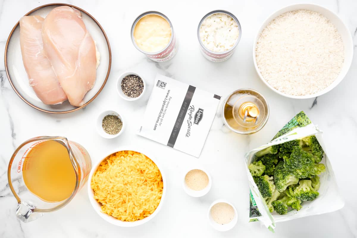 overhead view of ingredients for crockpot no peek chicken.