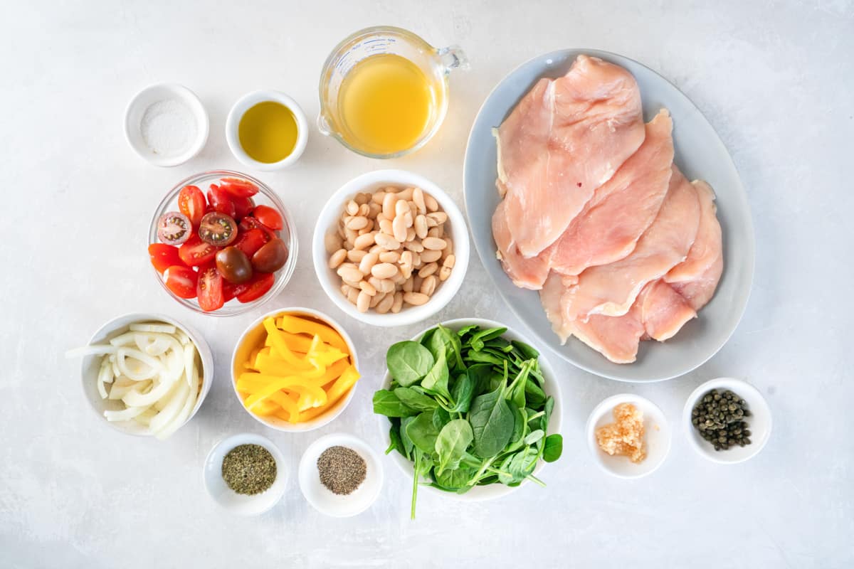 overhead view of ingredients for italian chicken skillet.