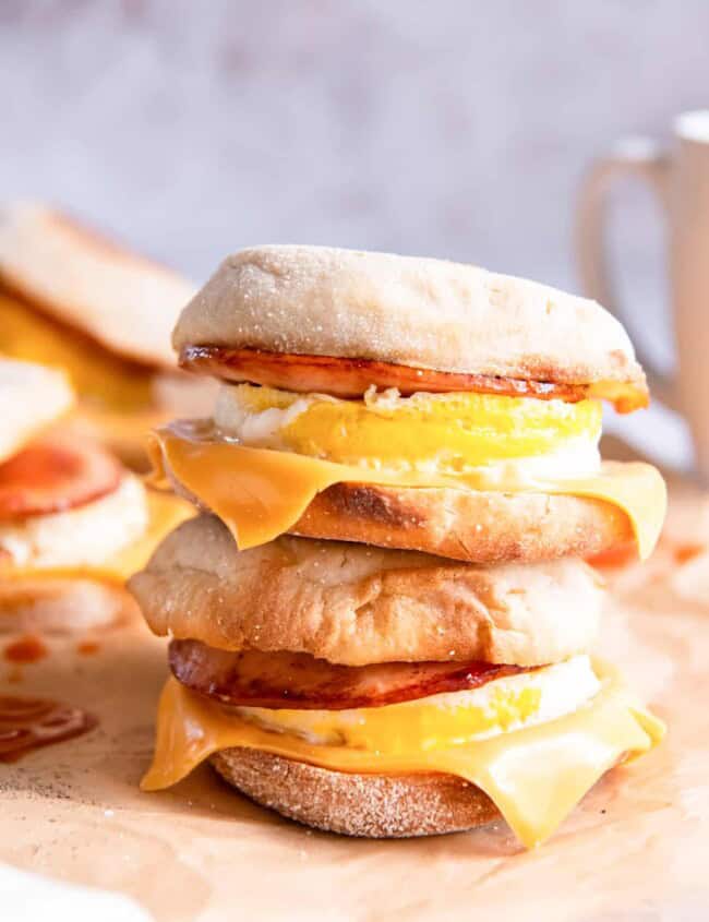 side view of 2 stacked egg mcmuffins.