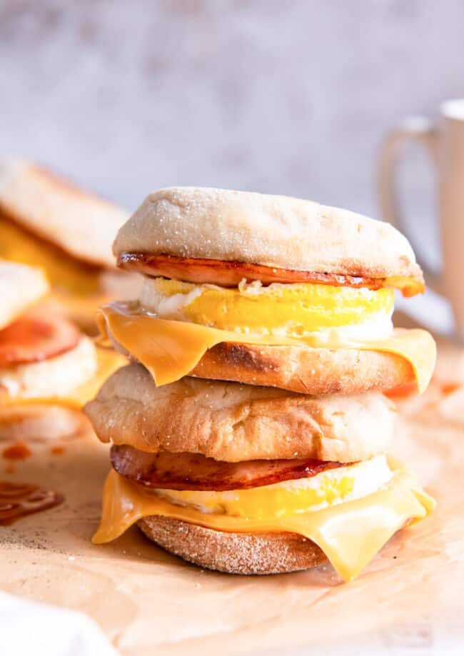 side view of 2 stacked egg mcmuffins.