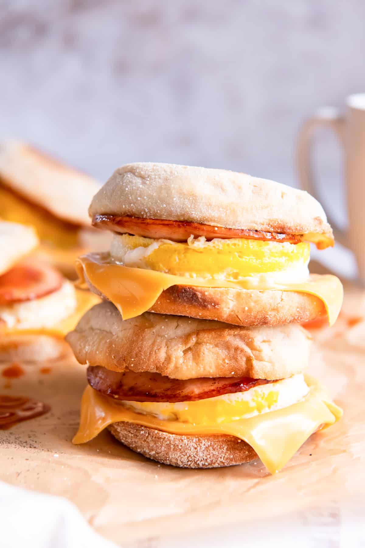 side view of 2 stacked egg mcmuffins.