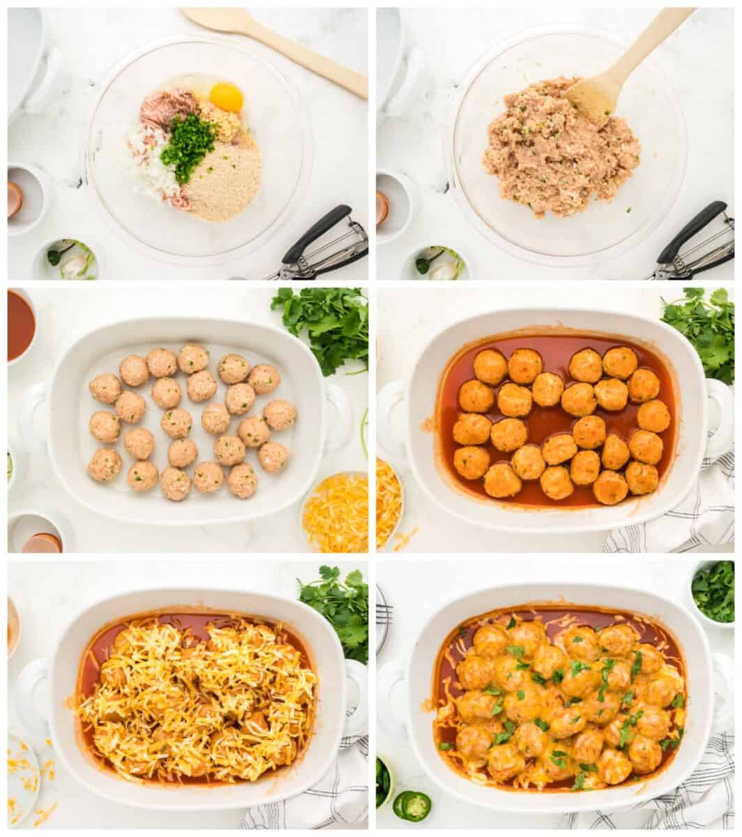 step by step photos for how to make chicken enchilada meatballs.