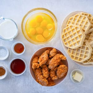 overhead view of ingredients for chicken and waffle casserole.
