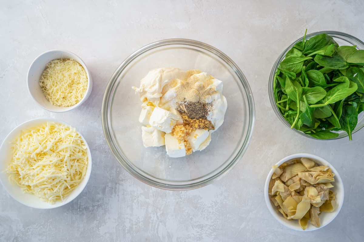 cream cheese mixture ingredients in a glass bowl.