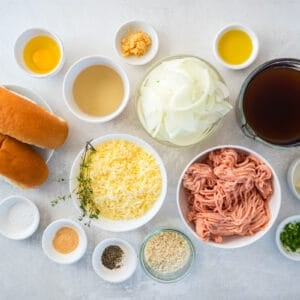overhead view of ingredients for french onion chicken meatballs.
