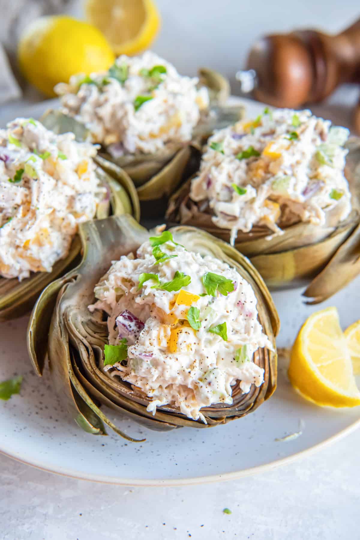three-quarters view of 4 chicken salad stuffed artichokes on a white plate.