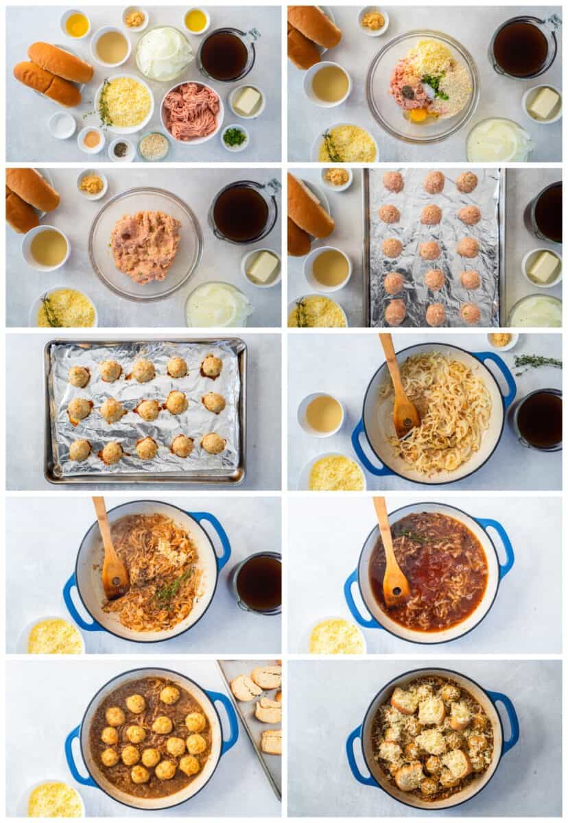 step by step photos for how to make french onion chicken meatballs.