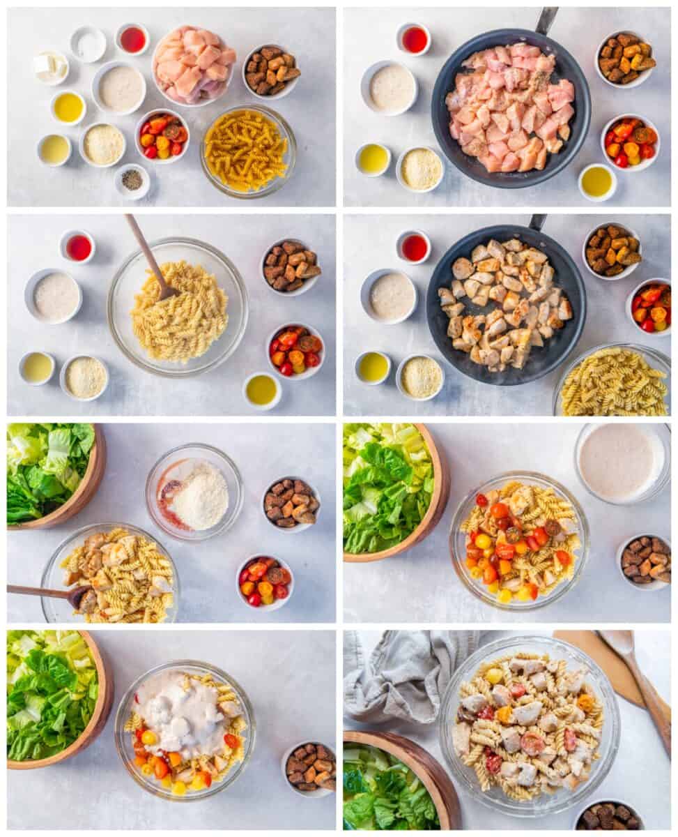step by step photos for how to make chicken caesar pasta salad.