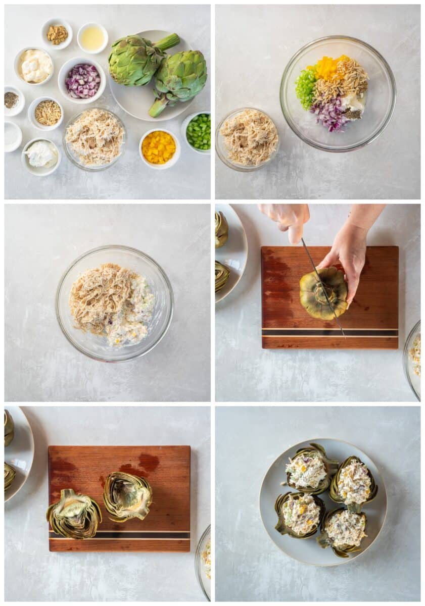 step by step photos for how to make chicken salad stuffed artichokes.