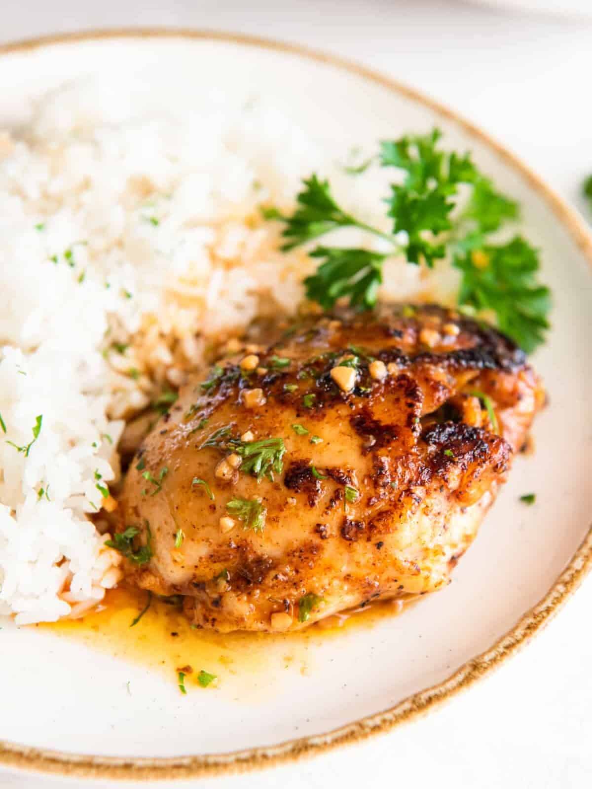 dinner plate with white rice and chicken thighs