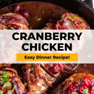 cranberry chicken easy dinner recipe in a skillet.