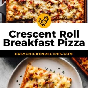 crescent roll breakfast pizza on a white plate.