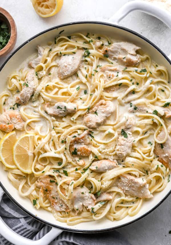 overhead view of chicken alfredo in a pan.