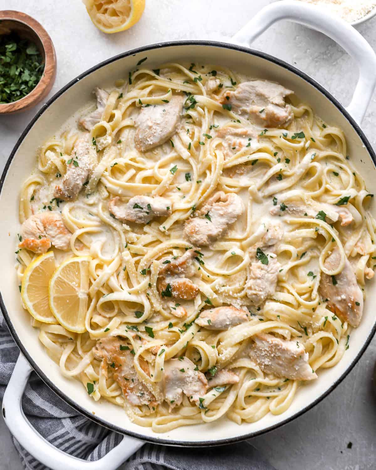 overhead view of chicken alfredo in a pan.