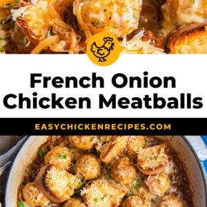 french onion chicken meatballs in a skillet.