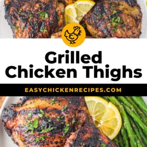 grilled chicken thighs on a white plate with lemons and asparagus.