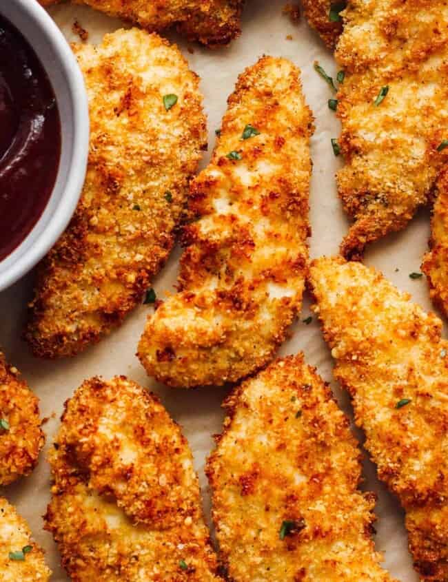 air fryer chicken tenders on plate with bbq sauce