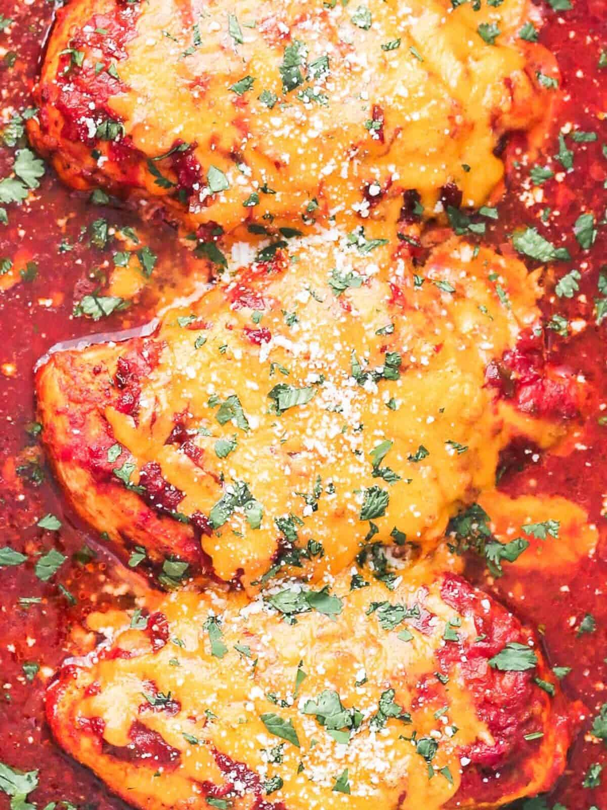 up close image of baked salsa chicken