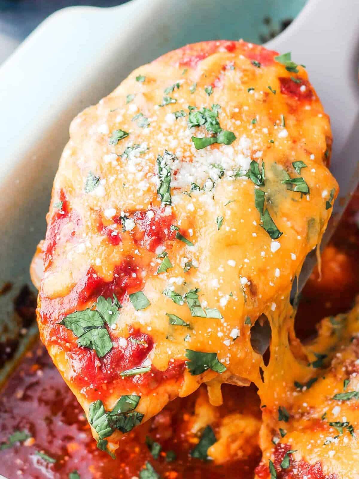 spatula holding up a chicken breast covered in cheese and salsa
