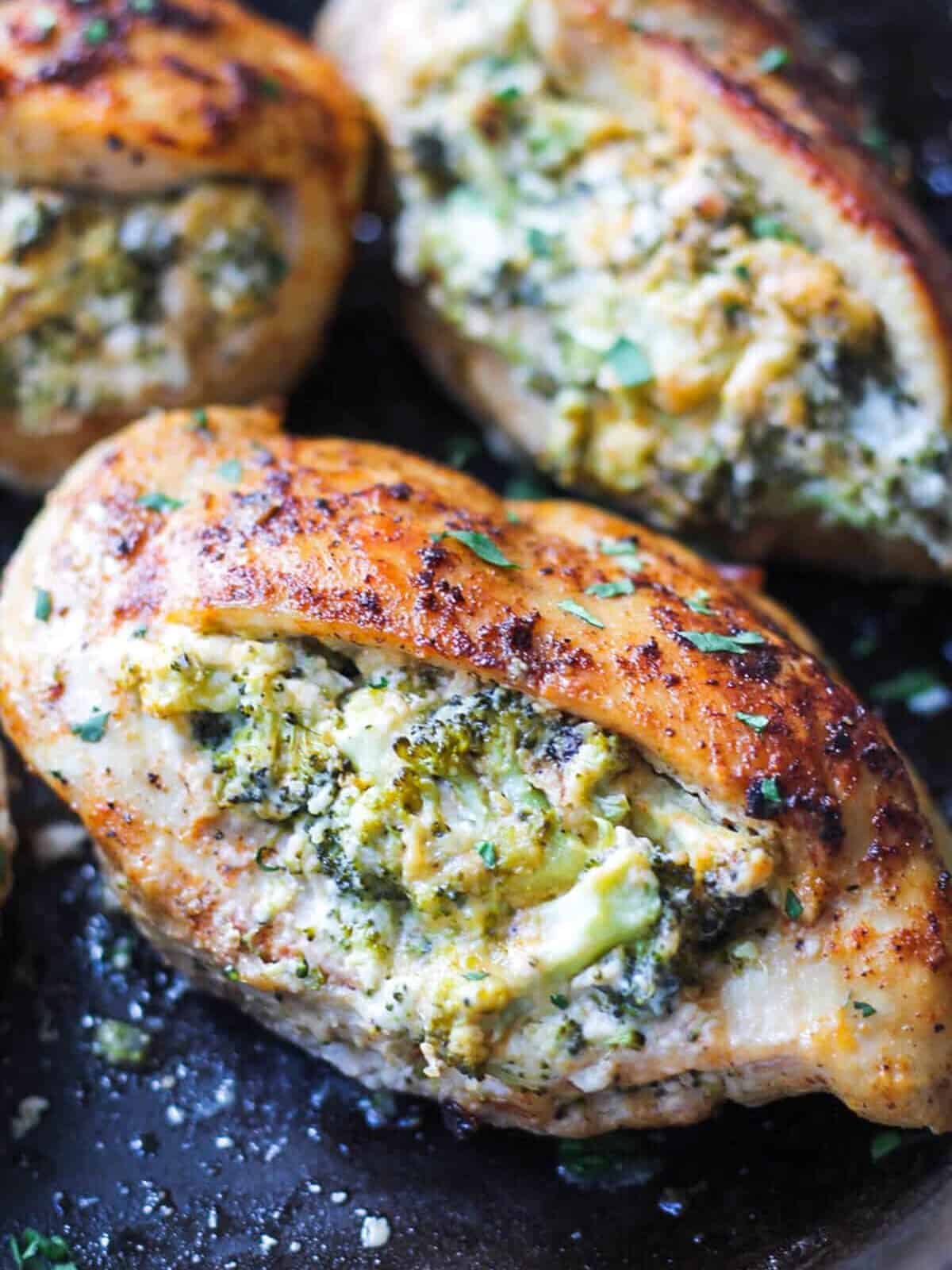 broccoli cheese stuffed chicken on a skillet