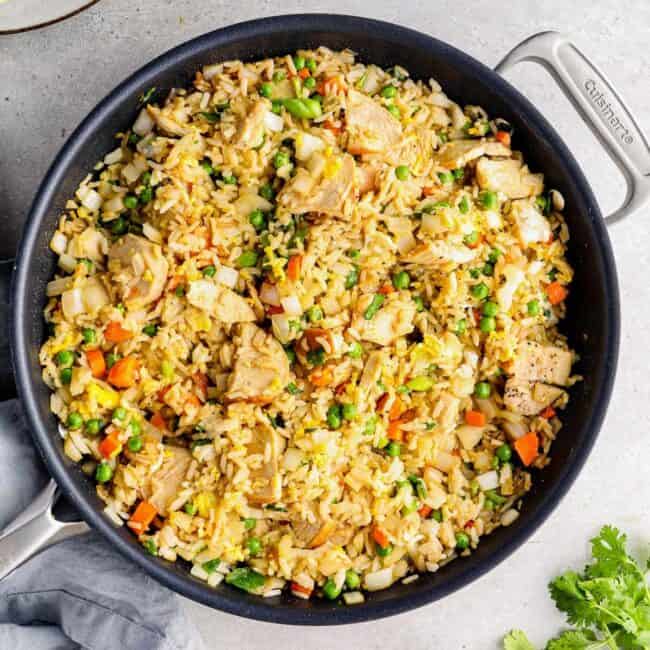 homemade chicken fried rice in a skillet