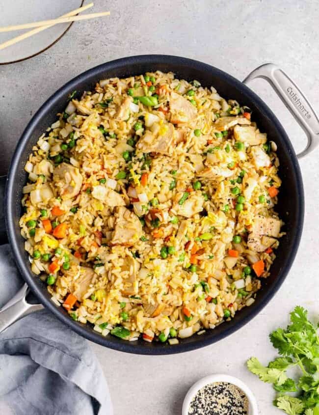 homemade chicken fried rice in a skillet