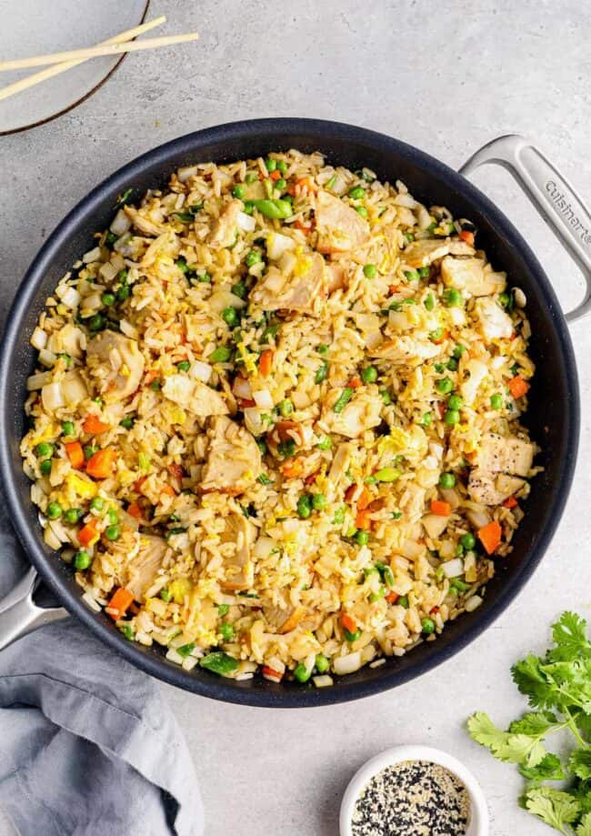 homemade chicken fried rice in a skillet