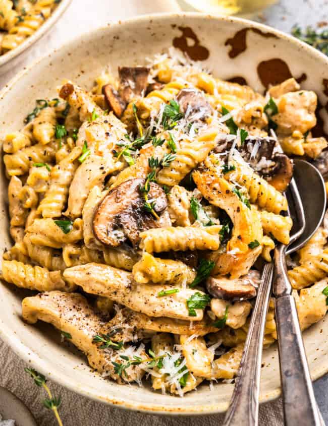 chicken mushroom pasta in a bowl with a fork and spoon.