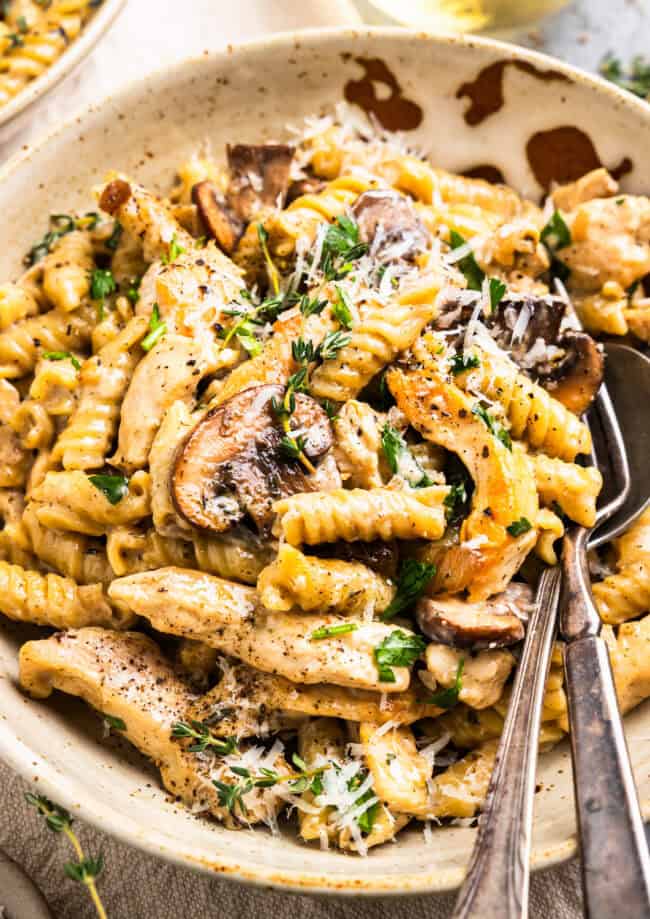 chicken mushroom pasta in a bowl with a fork and spoon.