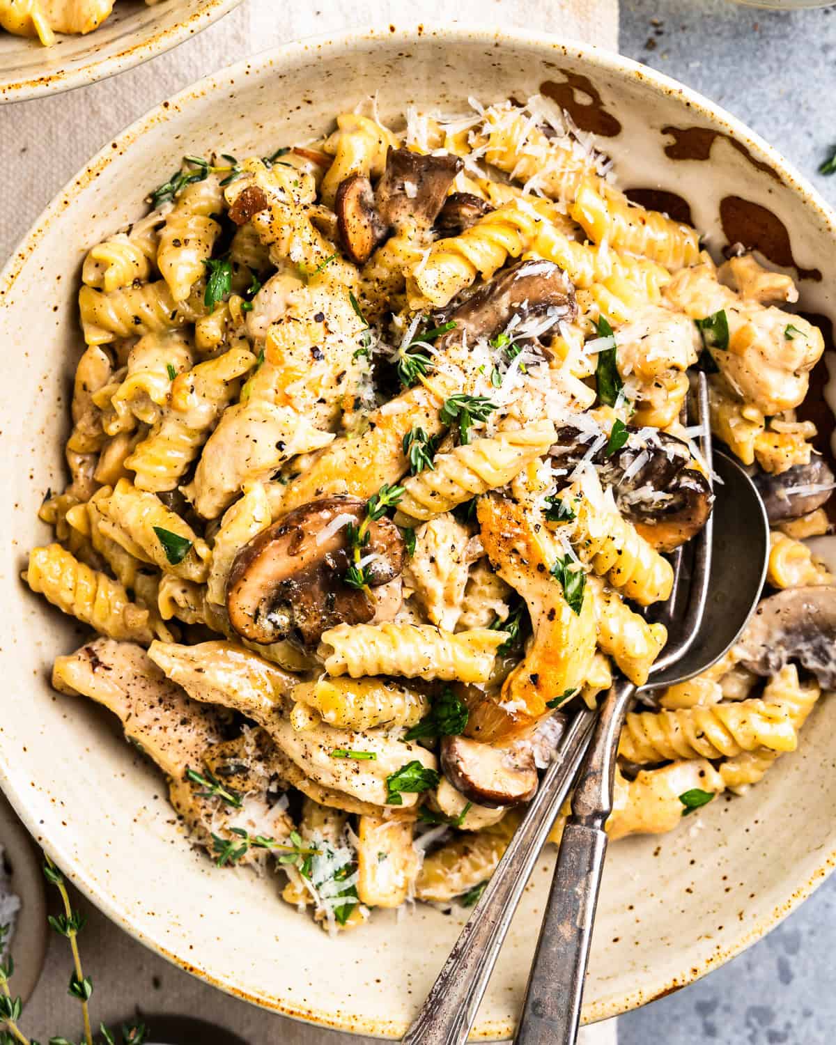 chicken and mushroom pasta in a bowl with a fork and spoon.