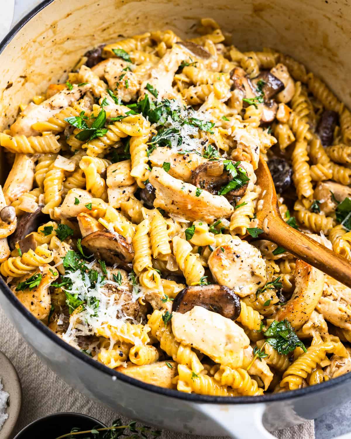 A pot of pasta with chicken, mushrooms, and parmesan.
