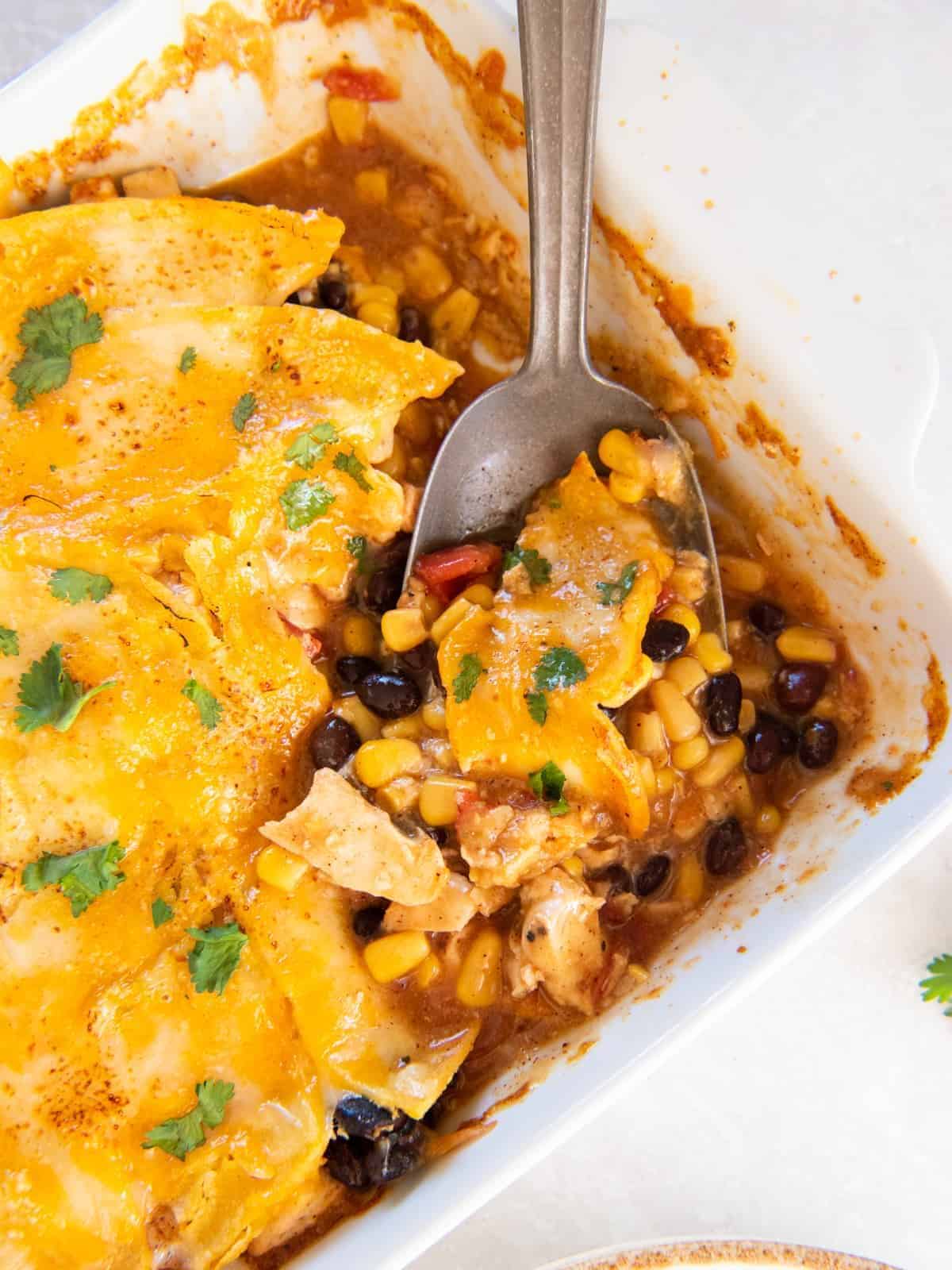 casserole made with chicken, corn, beans, and tortillas