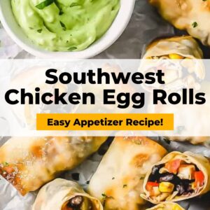 southwest chicken egg rolls with guacamole and sour cream.