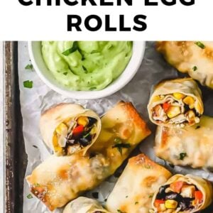 southwest chicken egg rolls on a tray with guacamole.