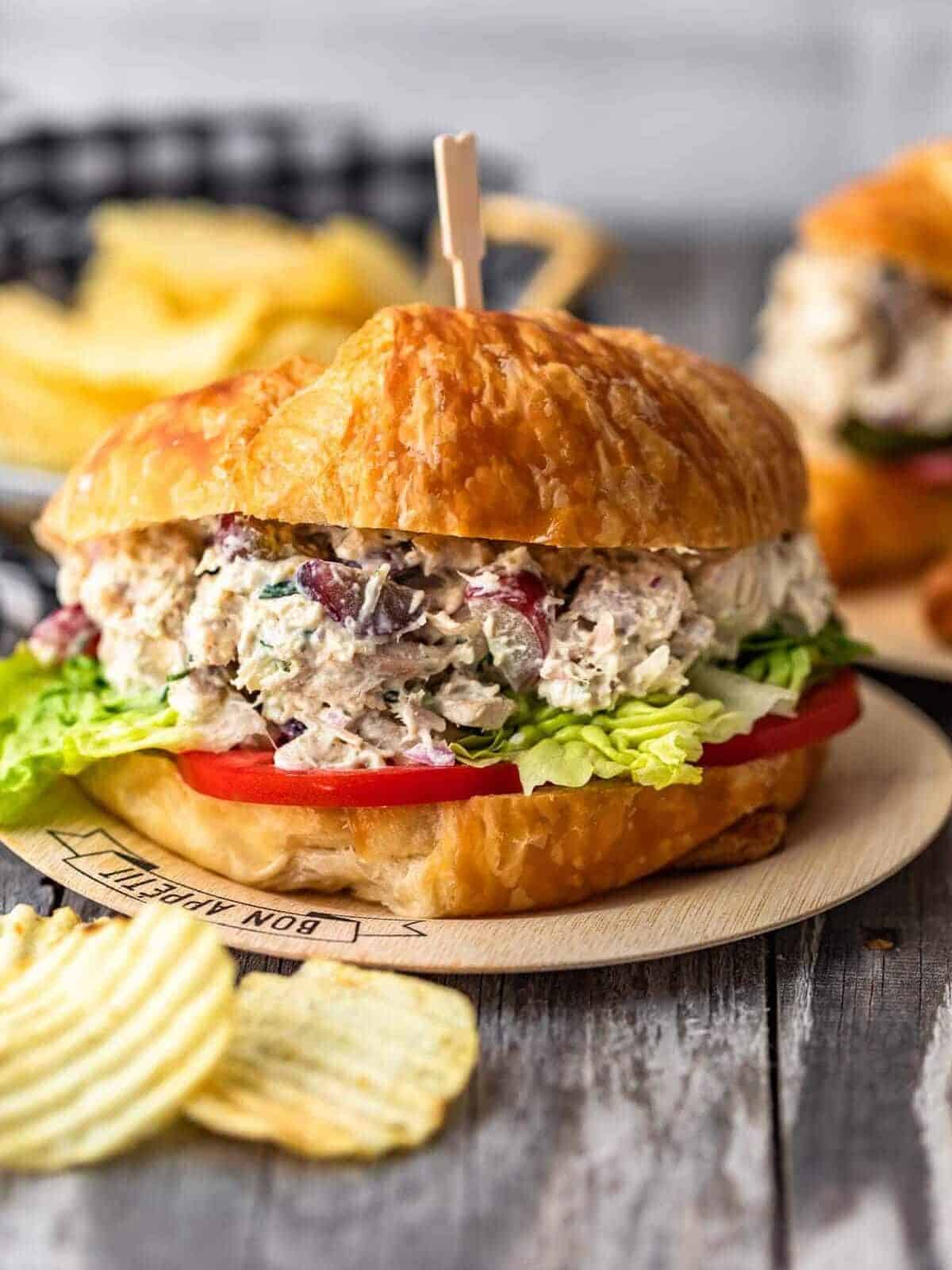 classic chicken salad recipe on a croissant