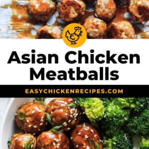 asian chicken meatballs in a white plate with broccoli.