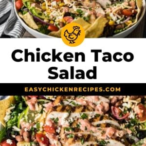 chicken taco salad in a white bowl.