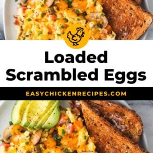 loaded scrambled eggs on a plate.