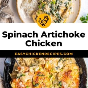 spinach artichoke chicken in a skillet.