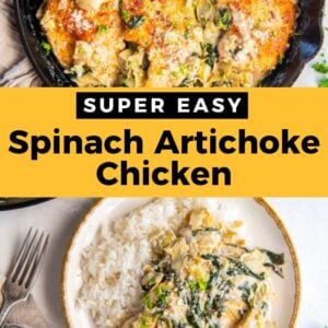 super easy spinach artichoke chicken in a skillet.